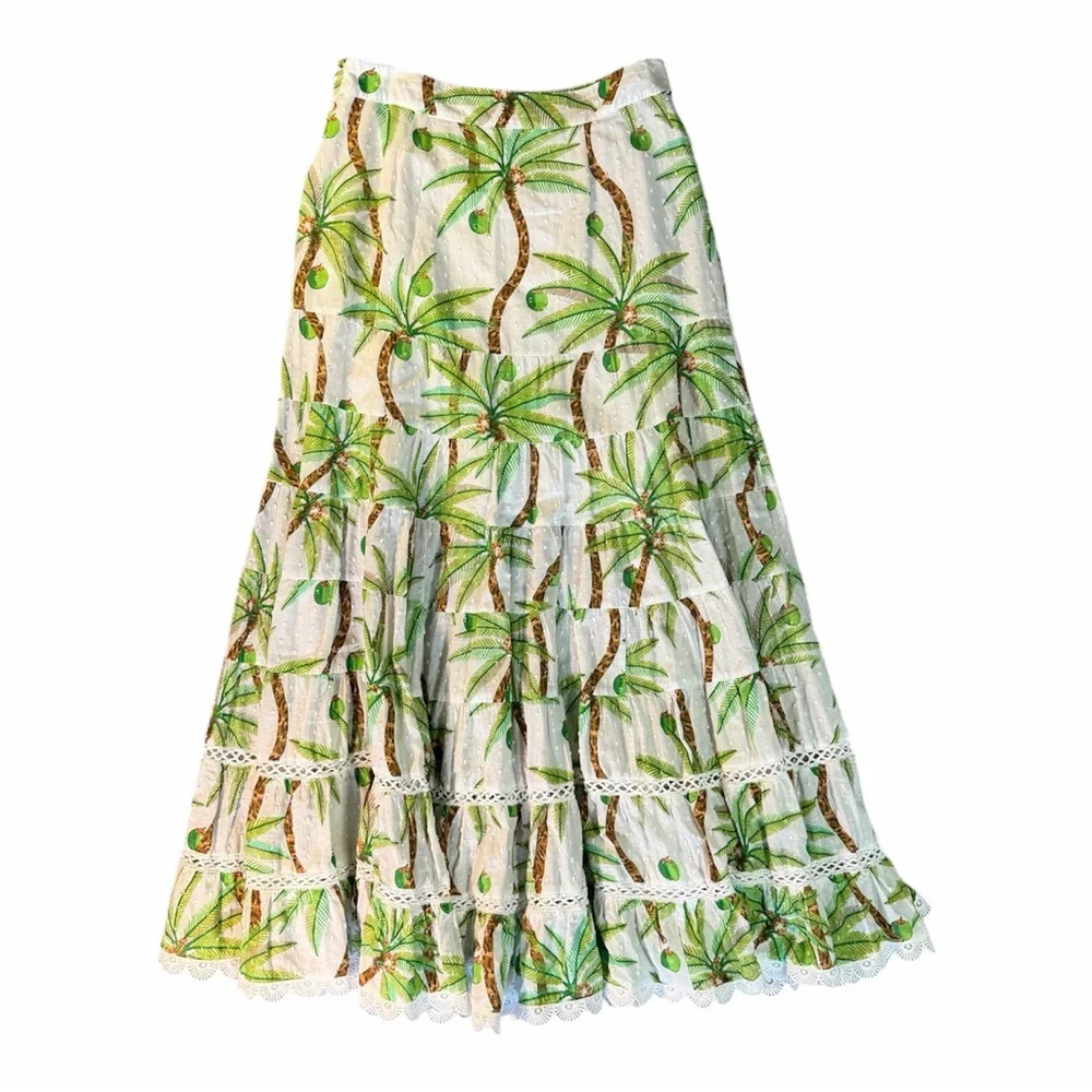 FARM Rio Tropical Palm Tree Print Tiered Maxi Skirt S Boho Summer Flowy Cotton